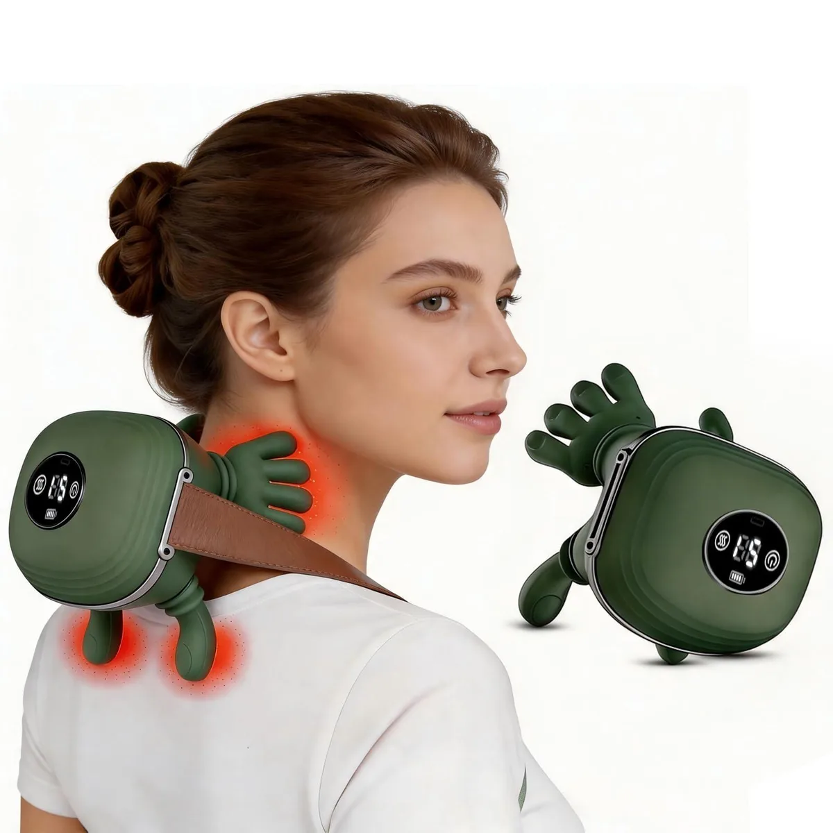 Green wrap-around neck massager with 4D kneading fingers and LCD display