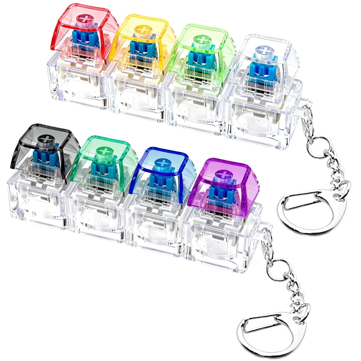 Two transparent 9-key keyboard fidget toys on keychains, 2.8 by 7.4 cm each
