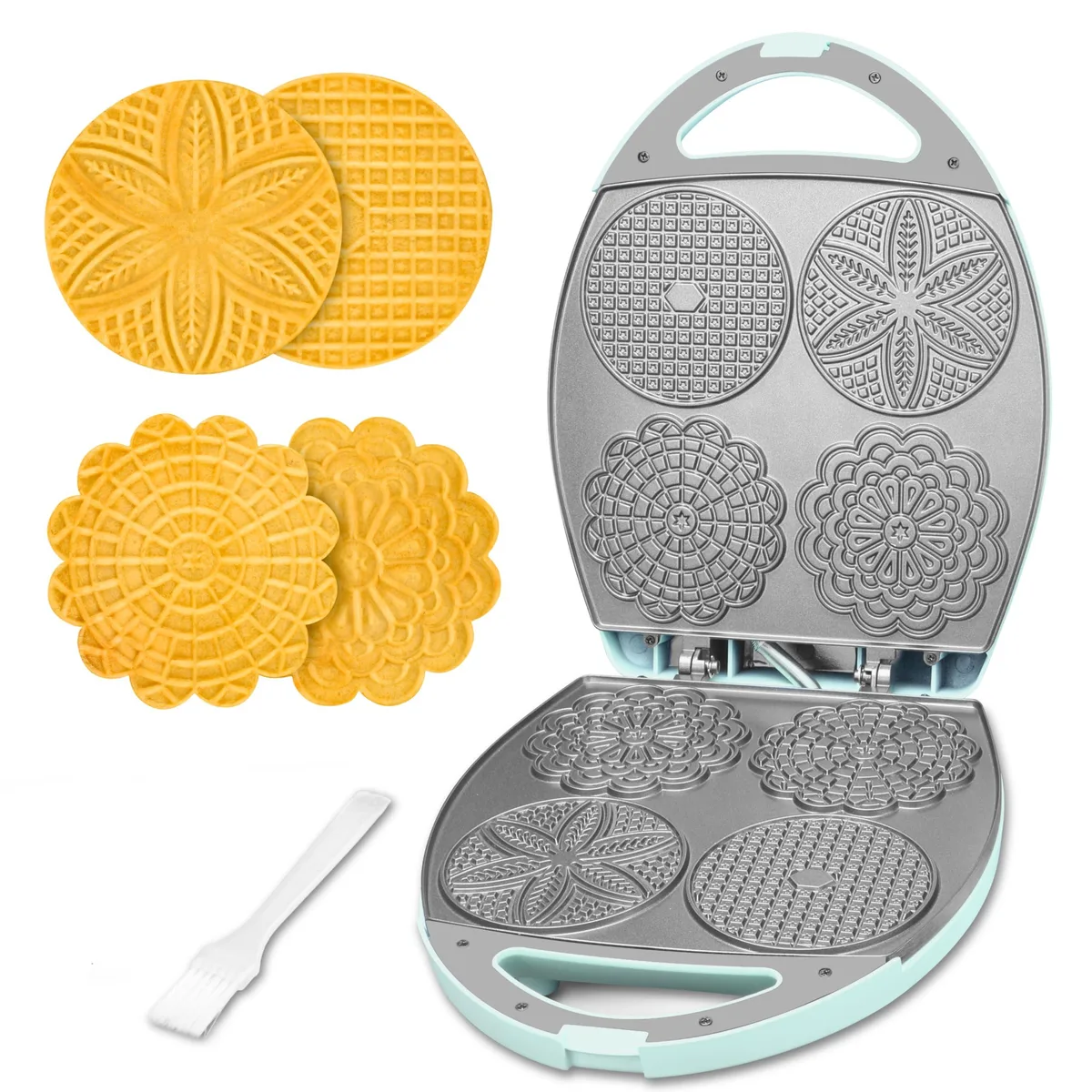 Aqua electric pizzelle maker with four 4.5-inch non-stick plates, cool-touch handle and temperature dial