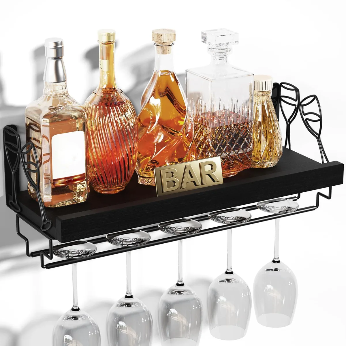 Black metal wine rack with wooden shelf and stemware hanger, 17 inches wide