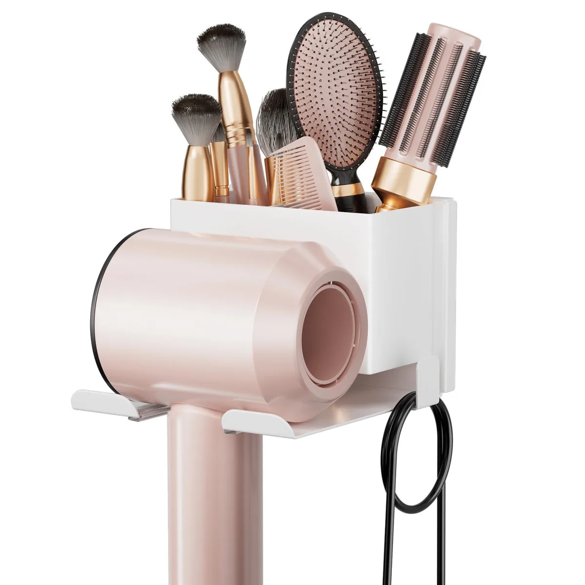 White metal wall-mounted hair dryer holder with hook and storage compartments