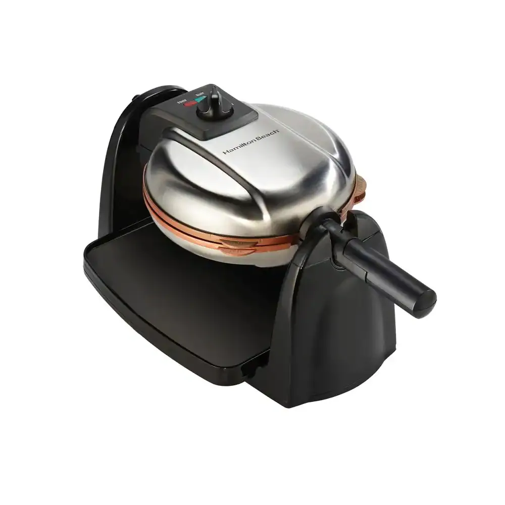 Stainless steel Belgian waffle maker with removable ceramic grids and drip tray