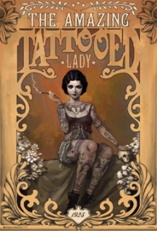 Poster print 24 by 36 inches featuring tattooed lady artwork on heavy paper