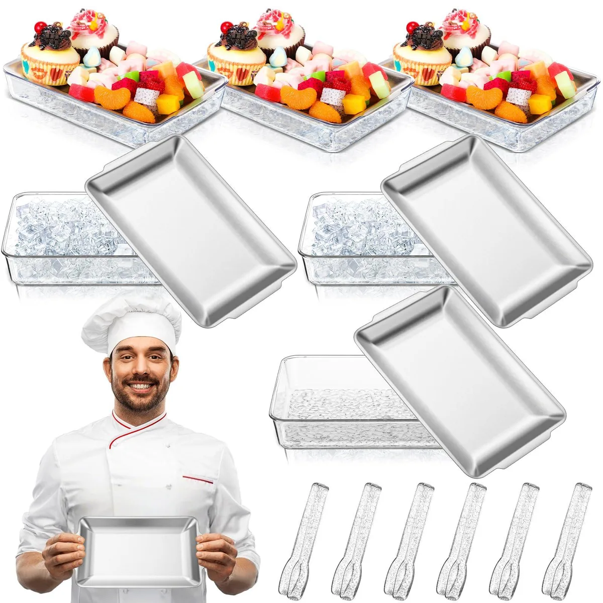 Six silver chilled serving trays with ice basins and tongs