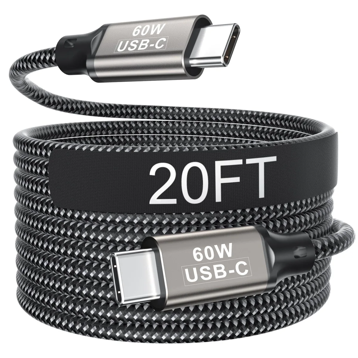Extra-long 20ft USB-C to USB-C cable with nylon braided finish