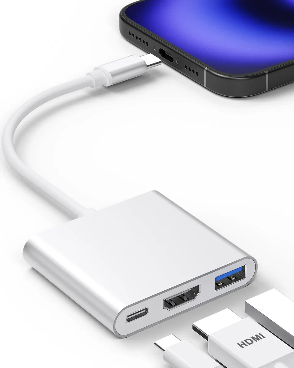Silver USB-C adapter with HDMI USB-A and PD ports