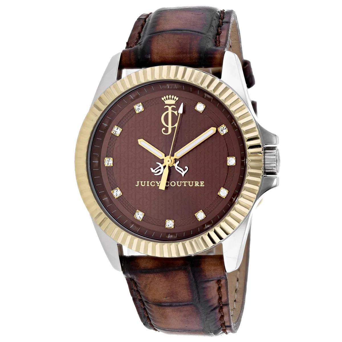 Brown dial watch with stainless steel case and leather strap