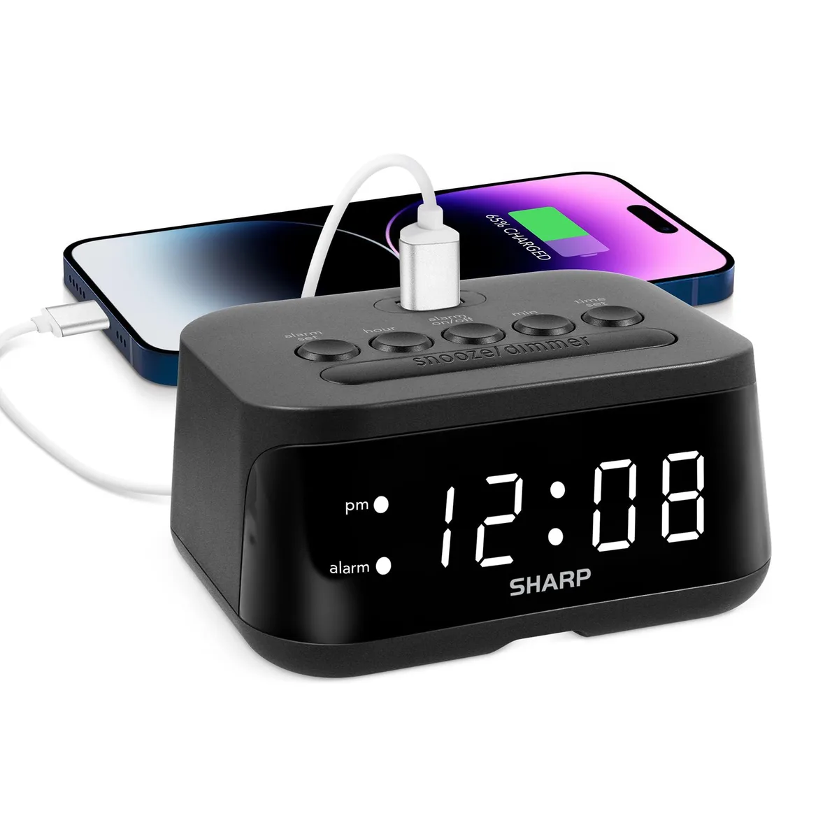 Compact white digital alarm clock with USB port on top, bright white LED display showing time