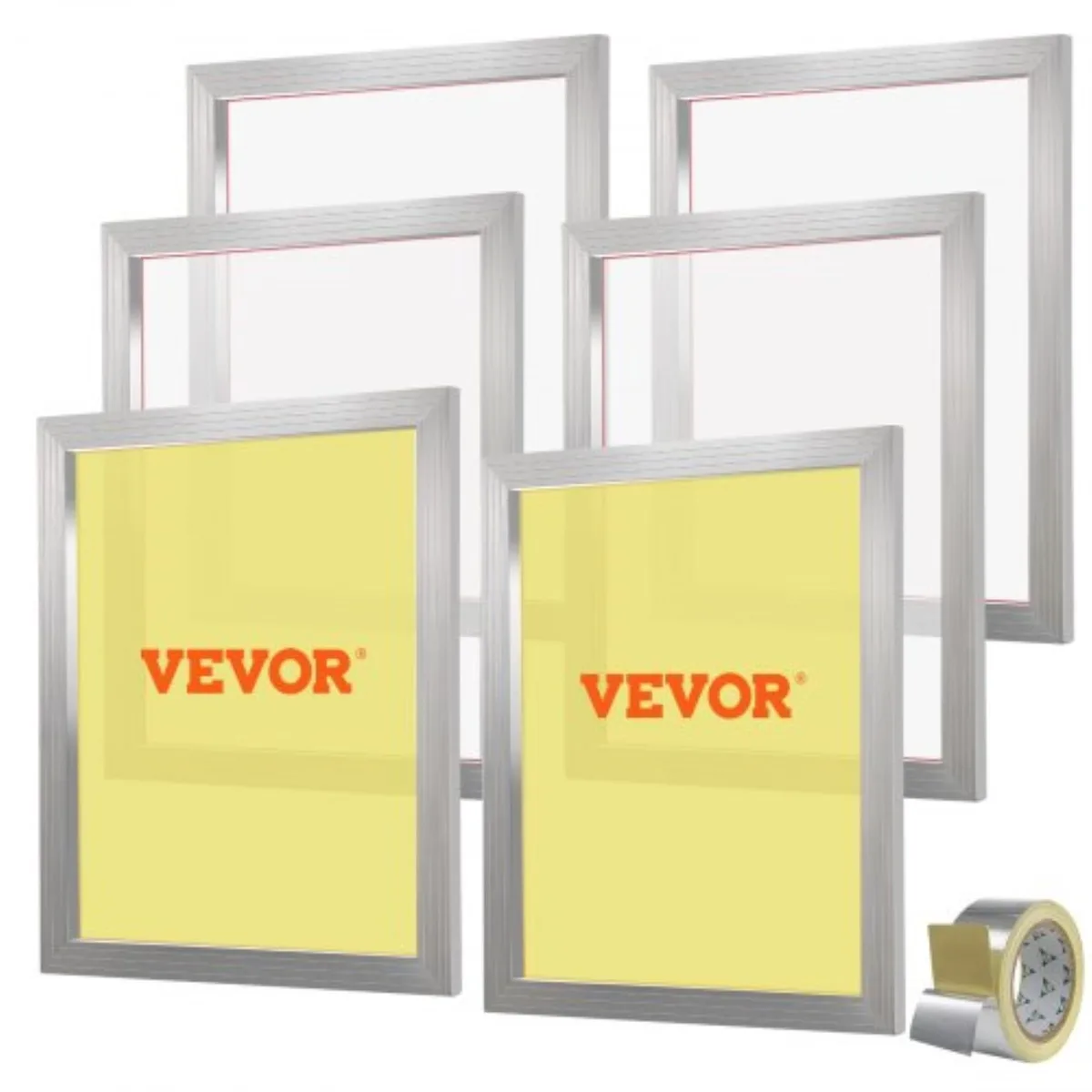 Six rectangular aluminum frames with white mesh and sealing tape