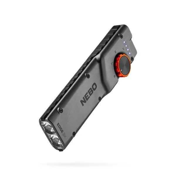 Rectangular anodized aluminum flashlight with textured grip, rear button, side dial, and pocket clip