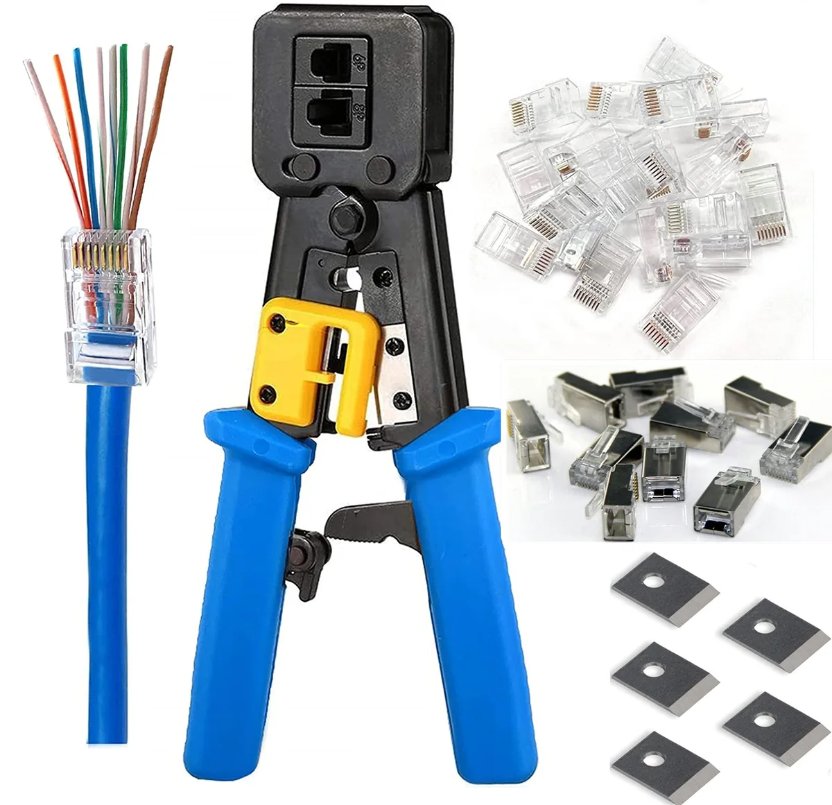 Blue RJ45 pass-through crimp tool with replacement blades and Cat6 connectors