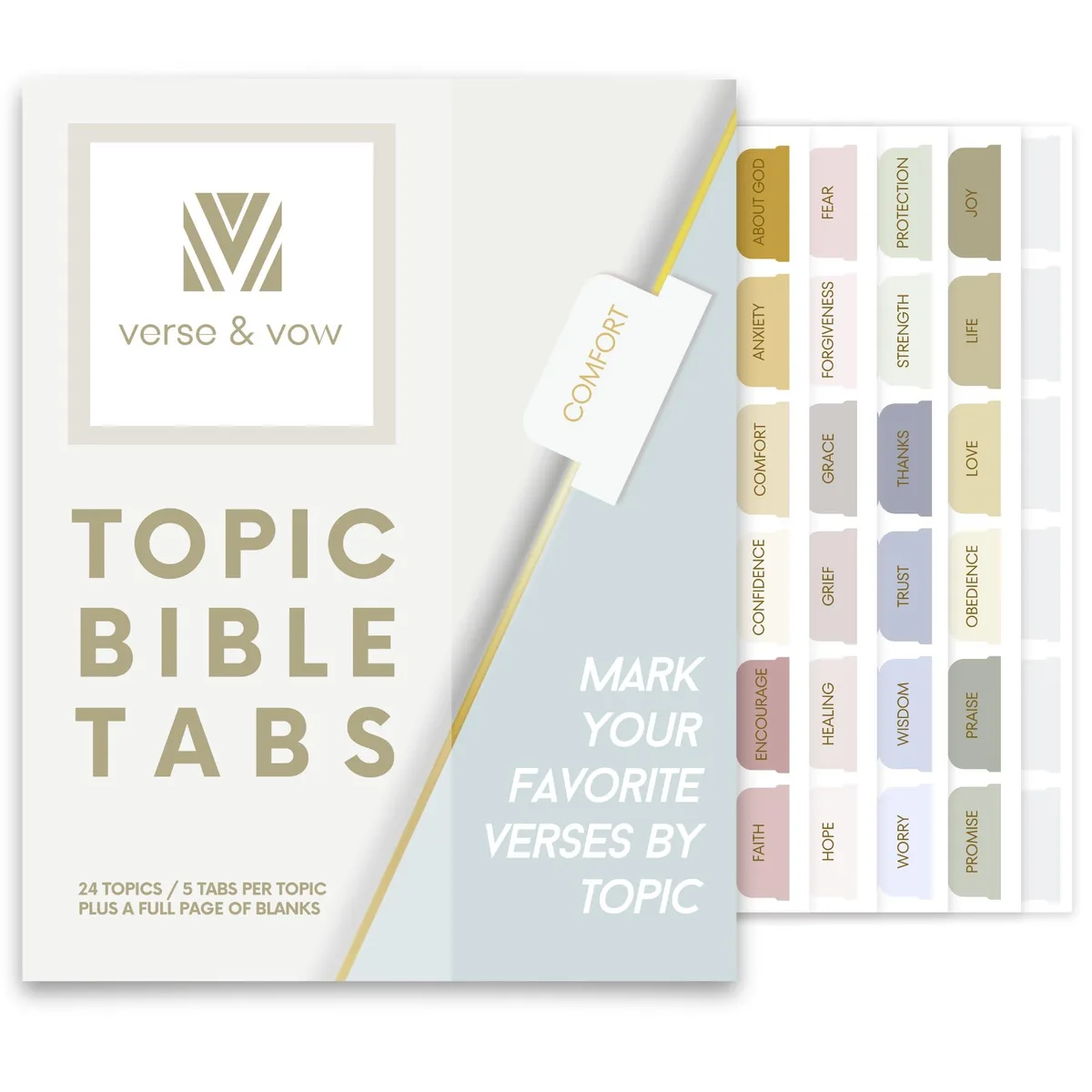 Set of 150 laminated Bible tabs in gold-embossed finish with storage envelope