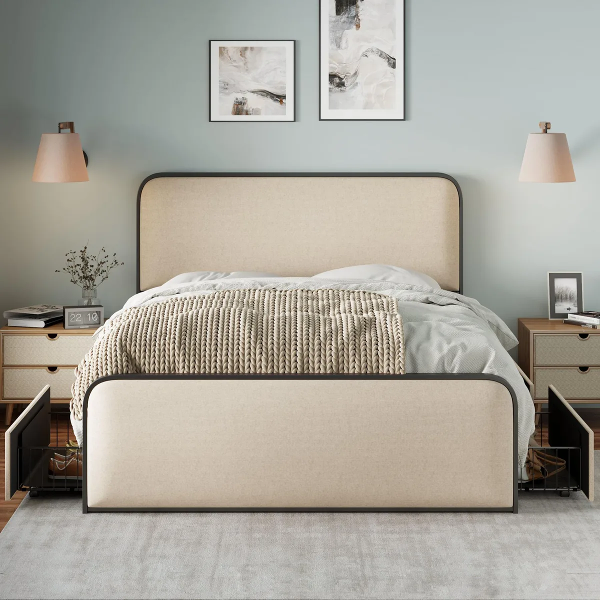 tuphen tuphen Metal Bed with Curved Upholstered Headboard Footboard 4 Drawers 13 Slats Queen Beige — product photo