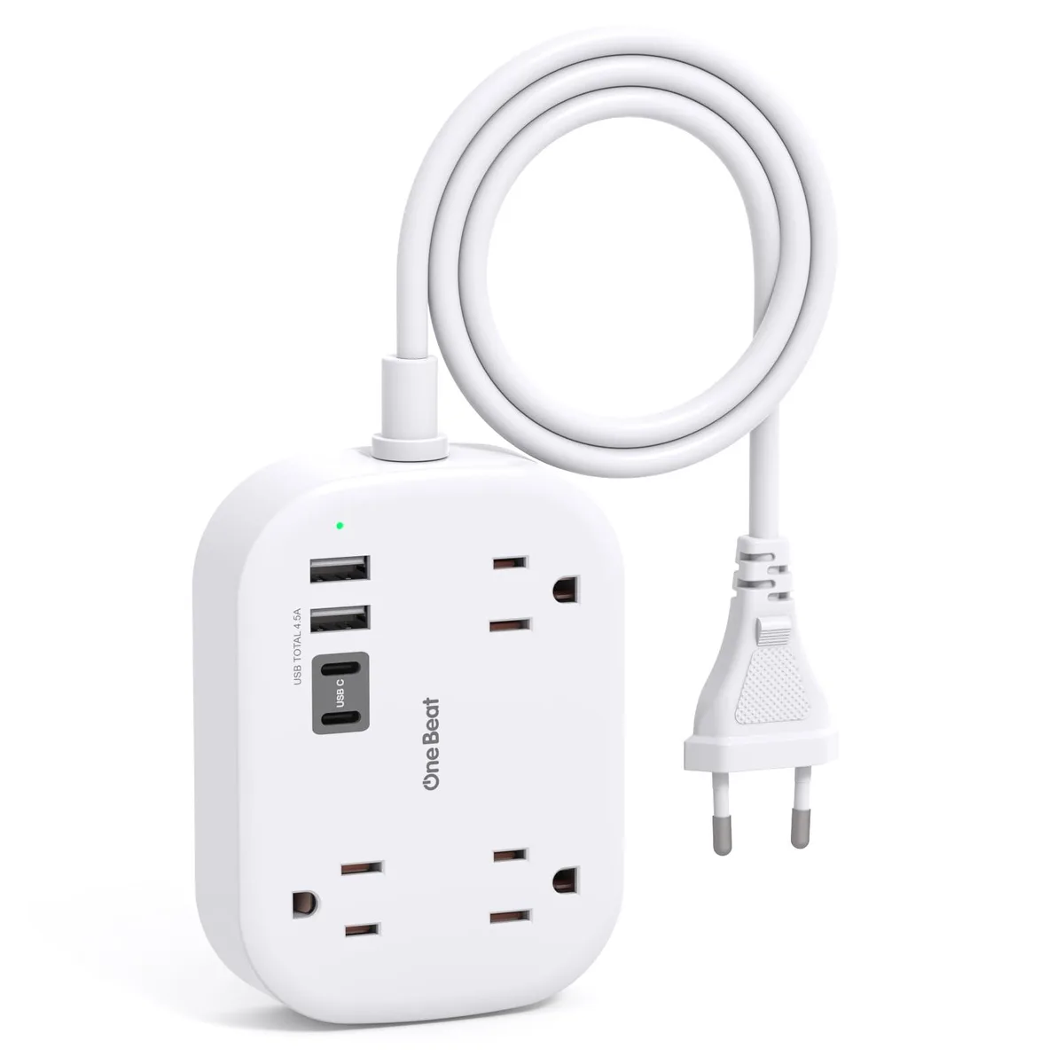 Compact white rectangular travel adapter with European plug, three-foot white extension cord, three AC outlets