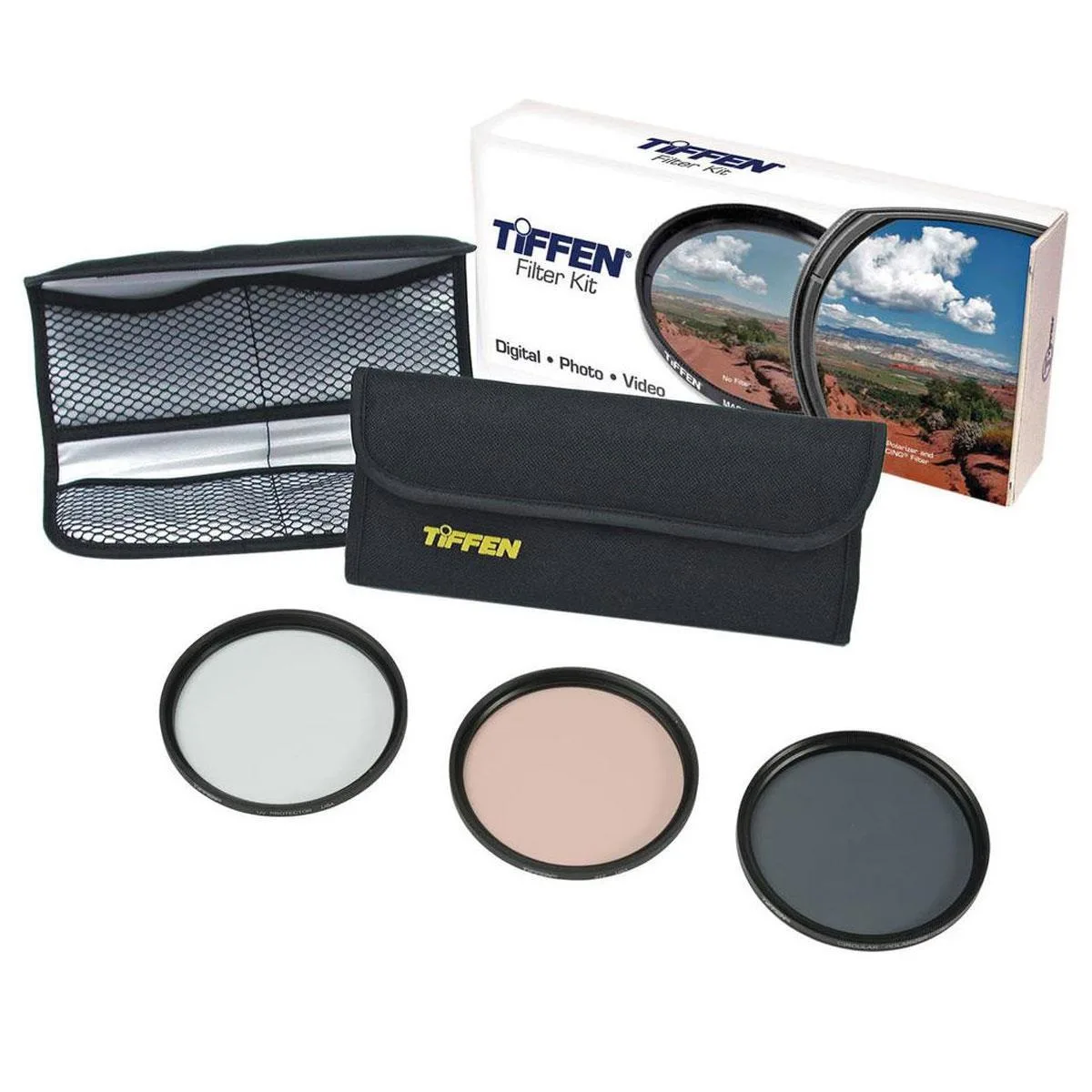 Three round glass camera filters in a case