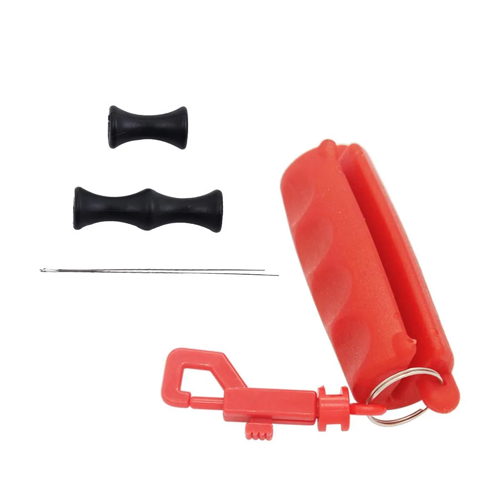 Red silicone arrow puller gripper with finger tabs and quick-release hook