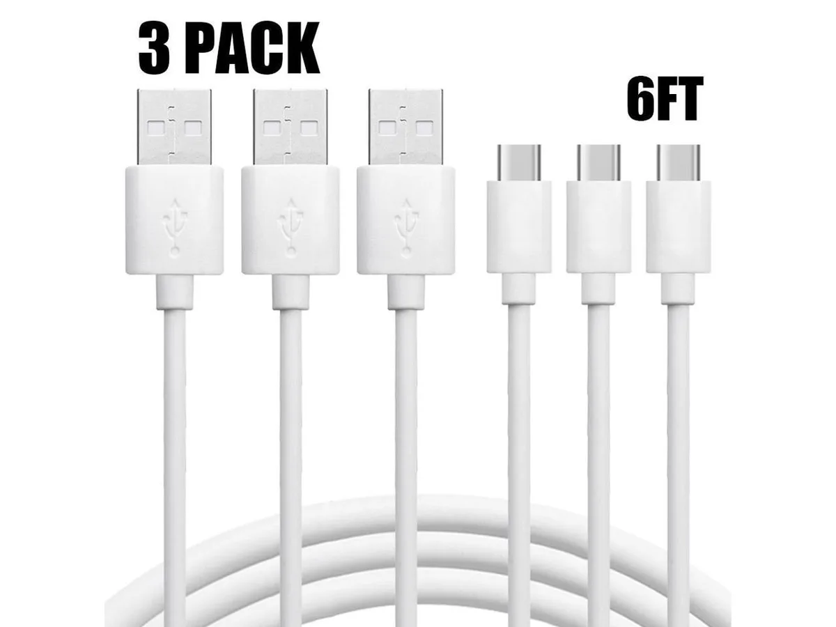Three white USB-A to USB-C cables coiled together, six feet long