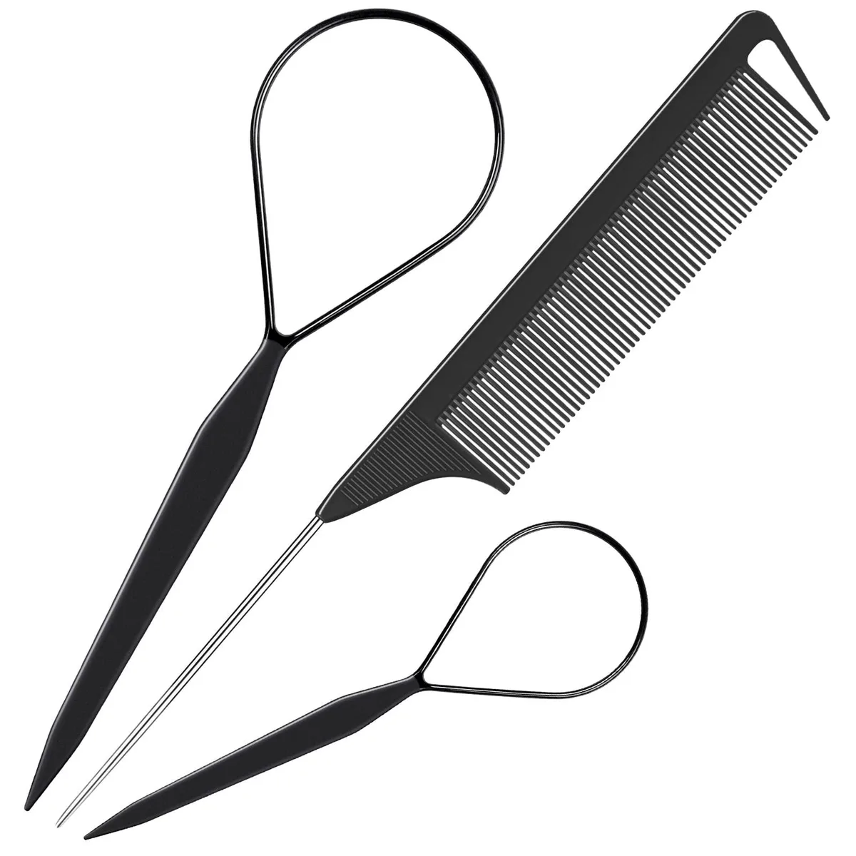 Three black hair tools: two loop braiders and a rat-tail comb