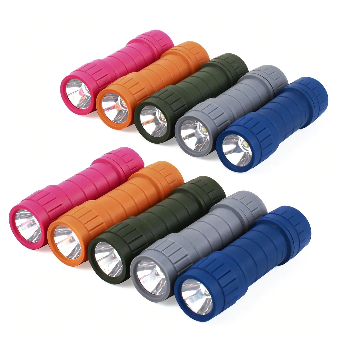 Ten small cylindrical flashlights with rubberised finish, lanyards, and included AAA batteries