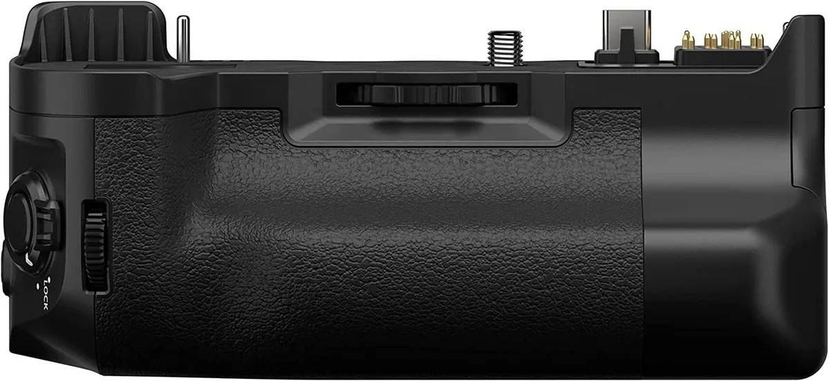 Black vertical battery grip with secondary shutter button, focus lever, command dials and toggle switch