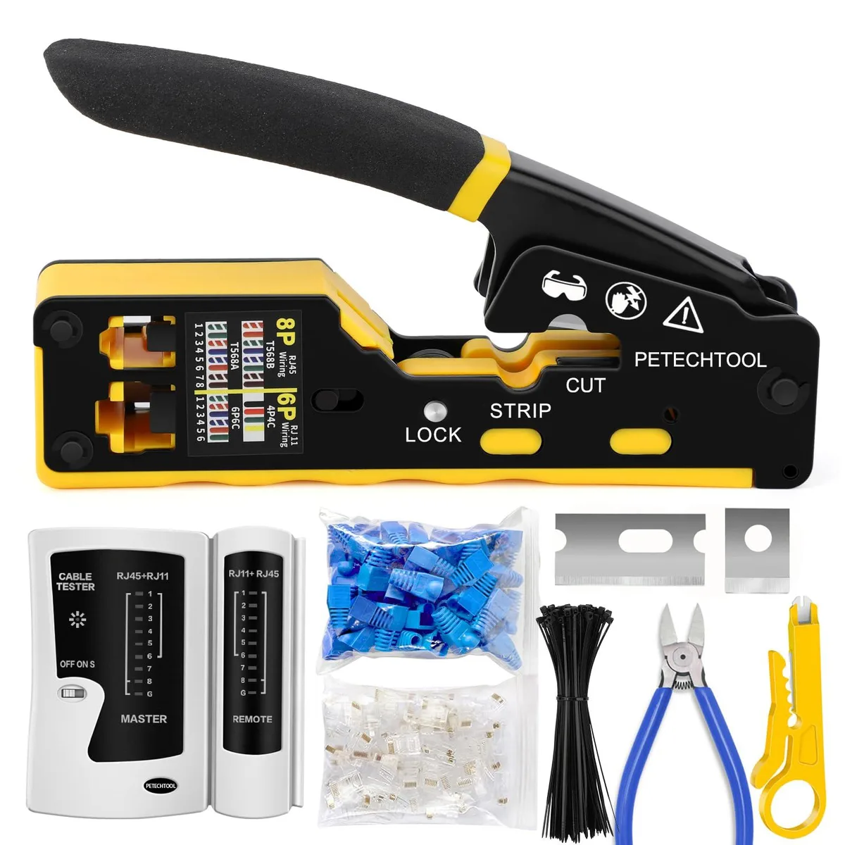 KEHIPI KEHIPI RJ45 Pass-Through Crimper Kit with Tester, 50 Cat6 Connectors, Mini Stripper, Blades, 100 Cable Ties — product photo