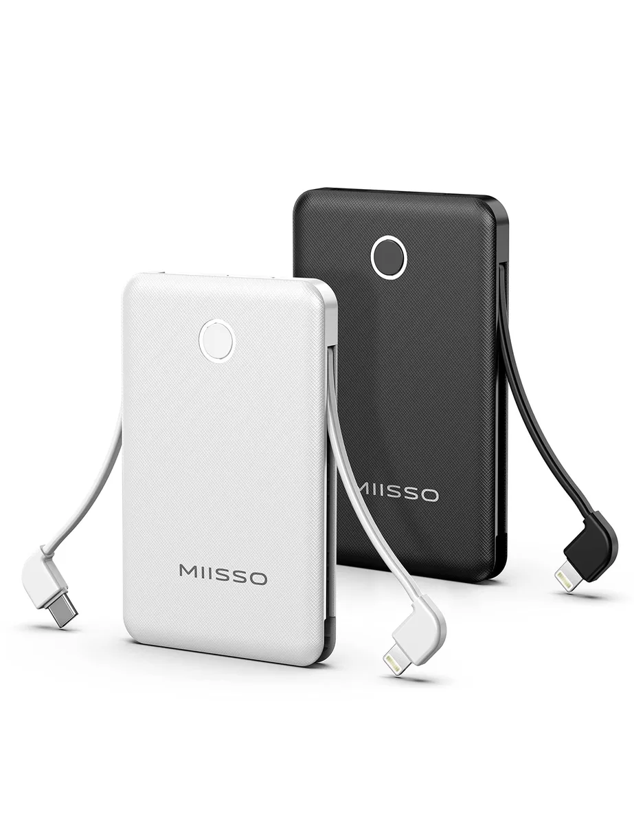 Two slim power banks, one black one white, credit-card sized with built-in cables