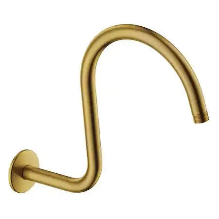 Curved 14 inch shower arm with flange in brushed brass finish