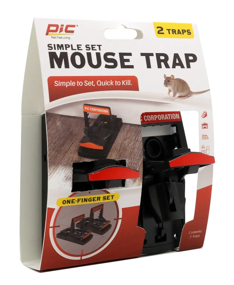 Two plastic snap mouse traps, light coloured, reusable, with deep bait wells