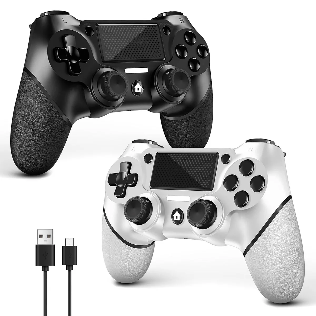 Two wireless gamepads, one black and one white, side by side