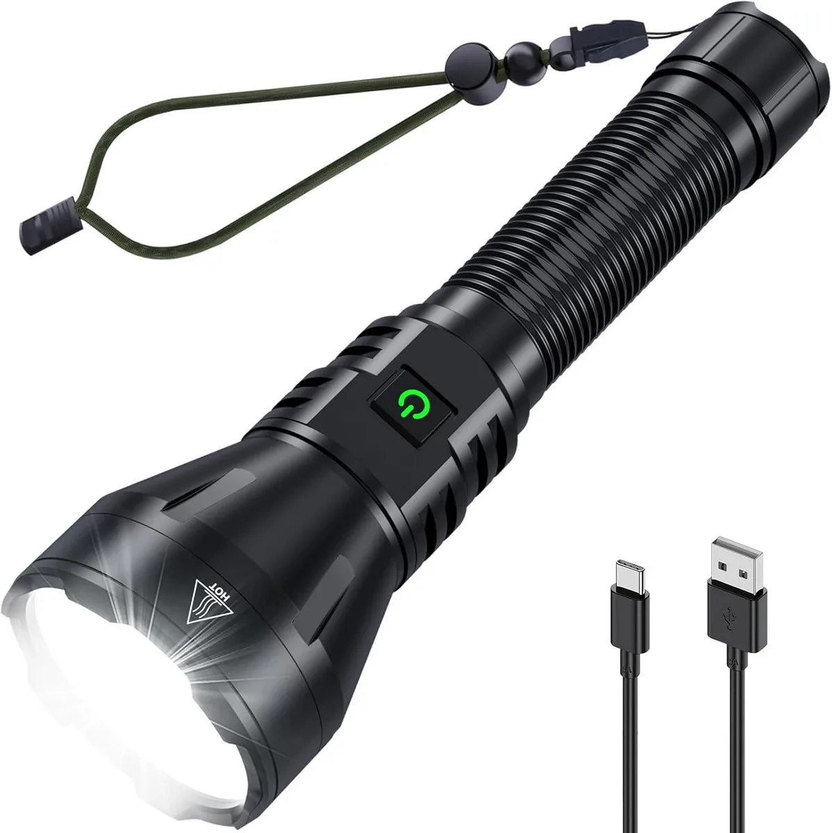 Cylindrical tactical flashlight in dark anodised aluminium with textured grip and front bezel