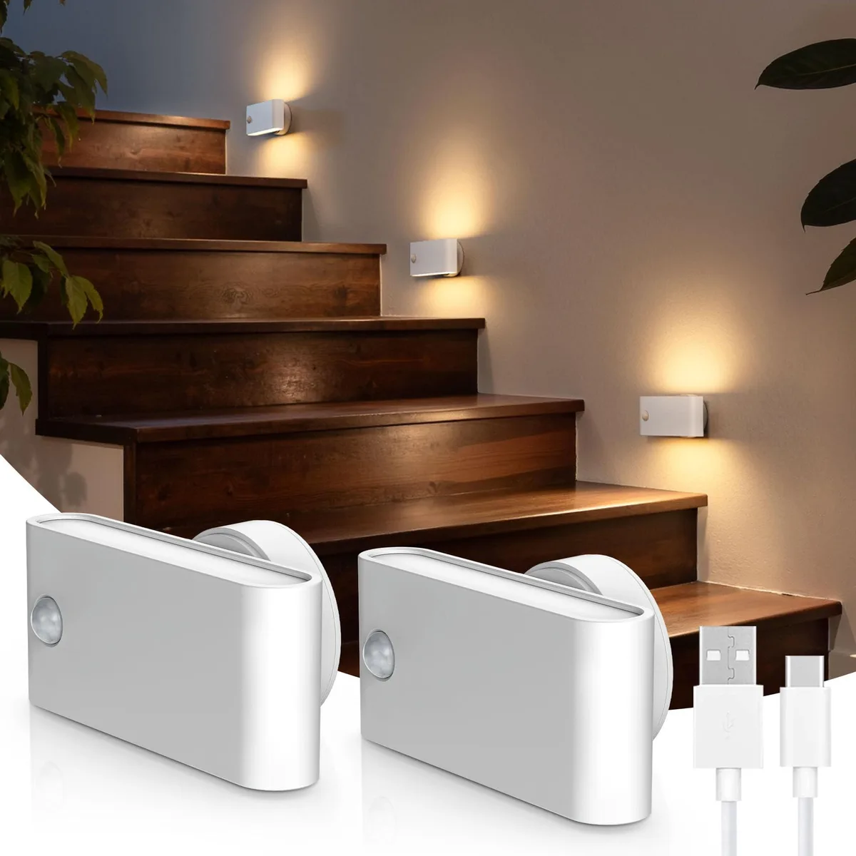 Two white plastic LED stair lights with motion sensors, cordless and rechargeable, shown as a pair