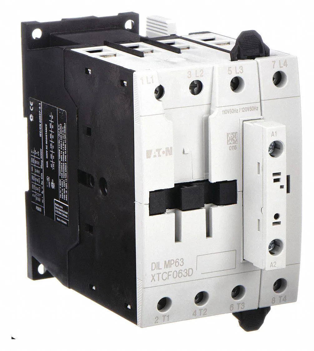 Eaton 4-pole 120V AC 40A contactor, grey rectangular block with top terminals