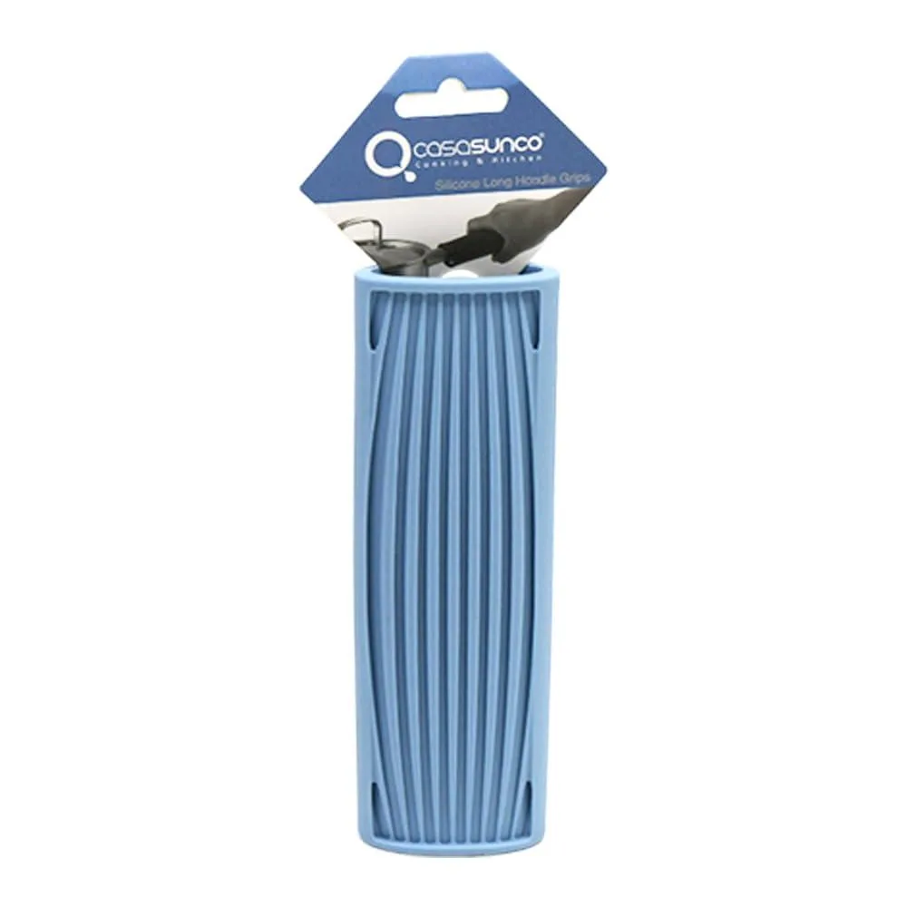 Blue silicone handle cover with horizontal striped texture, 5.7 inches long