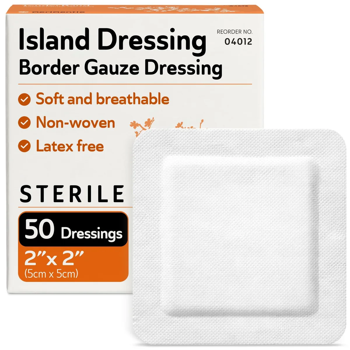White box containing fifty individually wrapped square gauze dressings