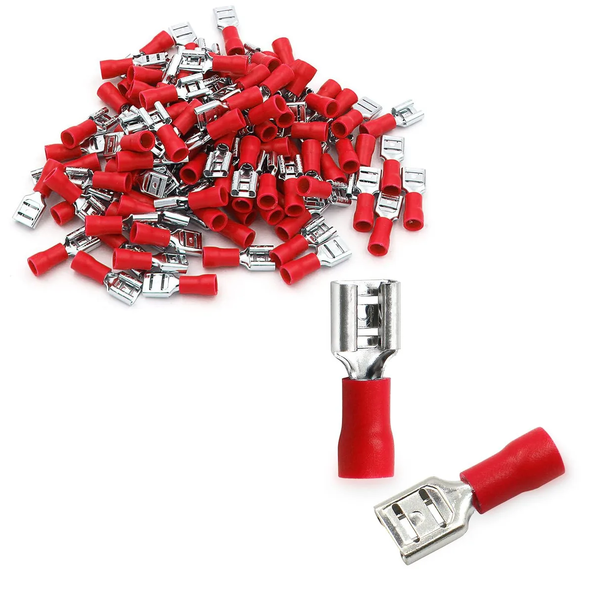  Baomain 1/4" Female Quick Disconnect Spade Terminals 22-16 AWG 6.3mm Red 100-Pack — product photo