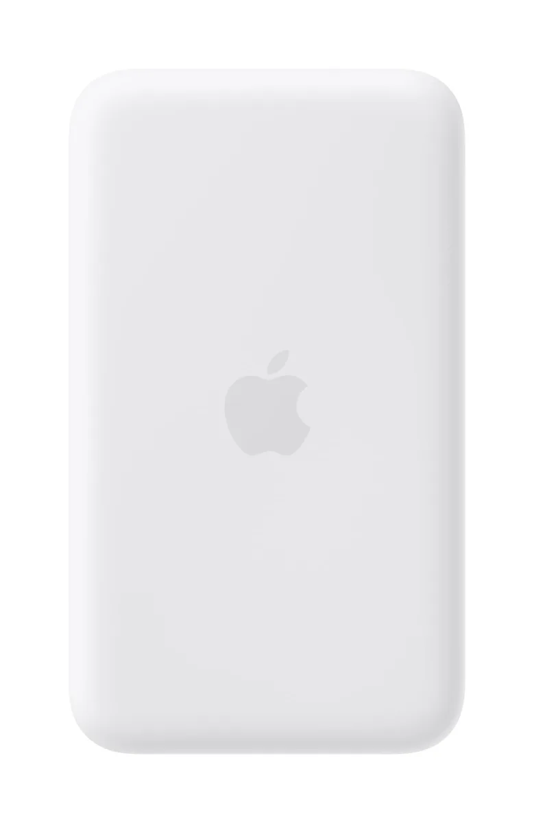 White MagSafe battery pack, square with rounded corners, slim profile, matte finish