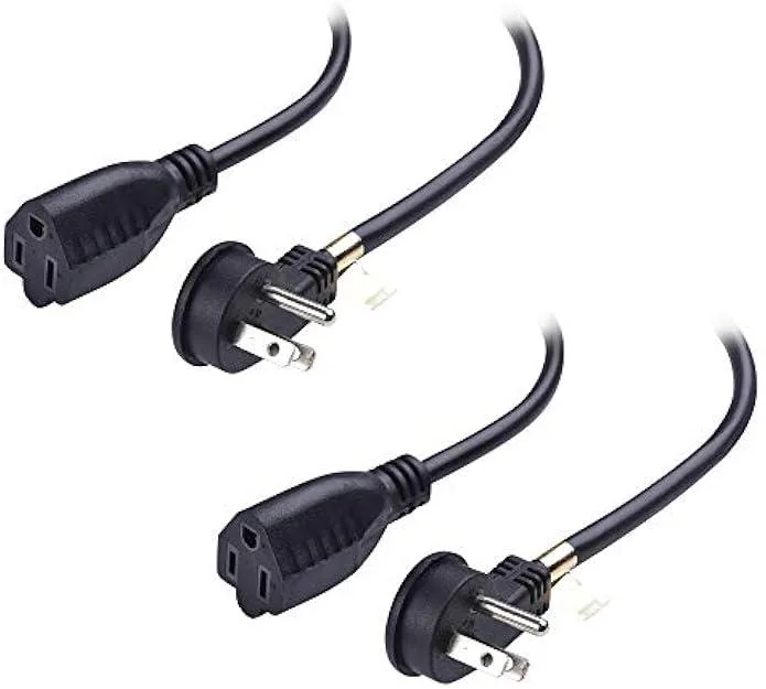 Two short white extension cords with flat right-angle plugs and matching sockets