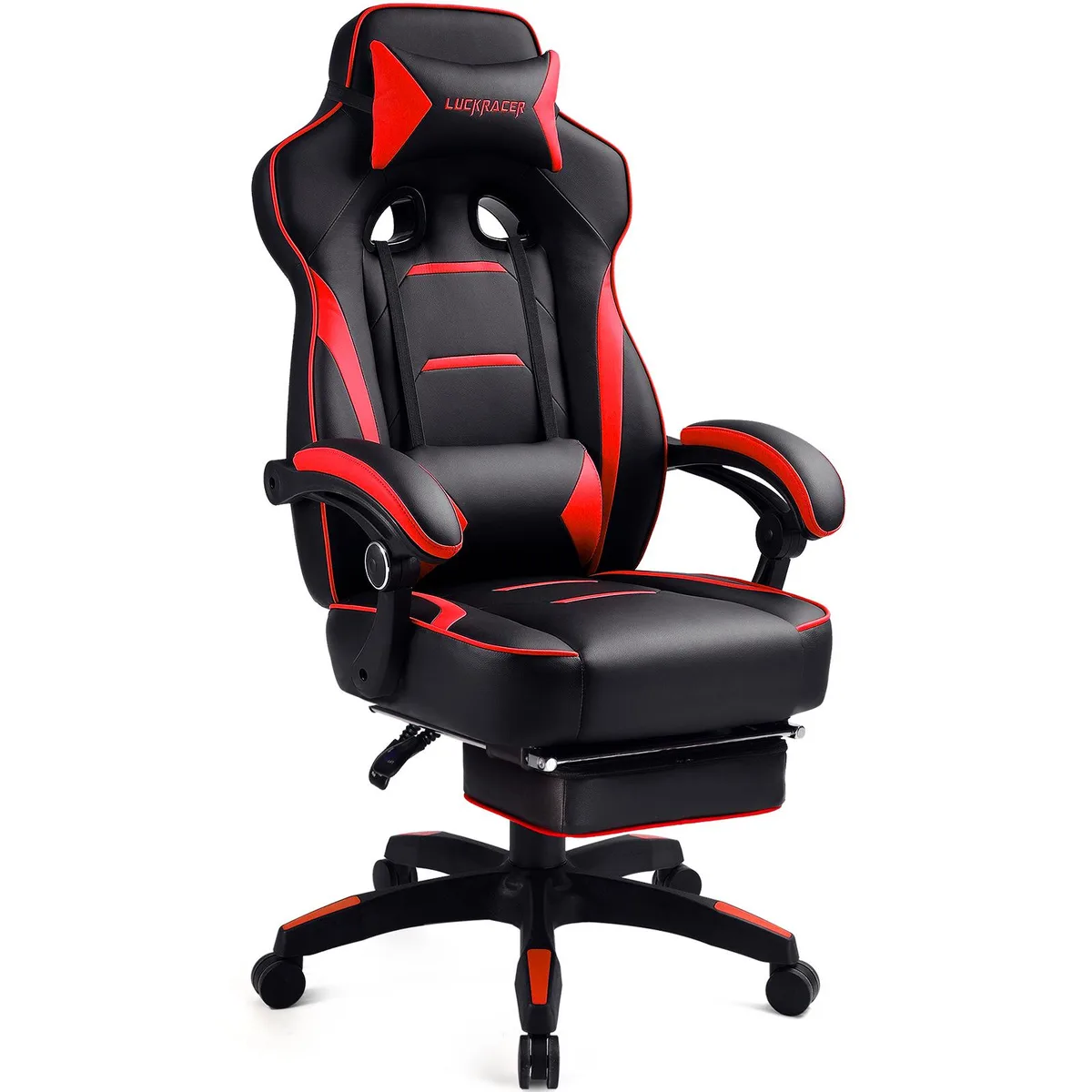 Red and black PU leather gaming chair with high back, adjustable armrests, retractable footrest and five caster wheels