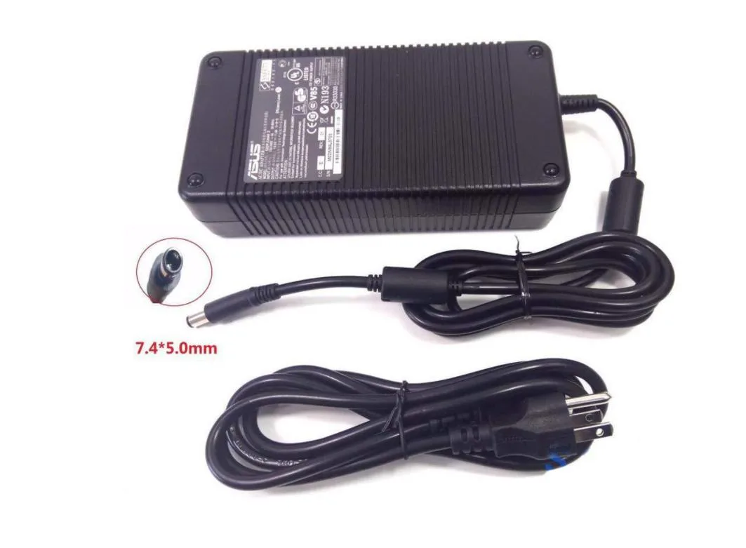 Black rectangular AC adapter with 7.4 by 5.0 mm barrel connector and central pin