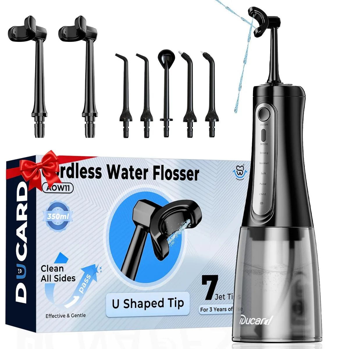 White cordless water flosser with U-shaped nozzle and large tank