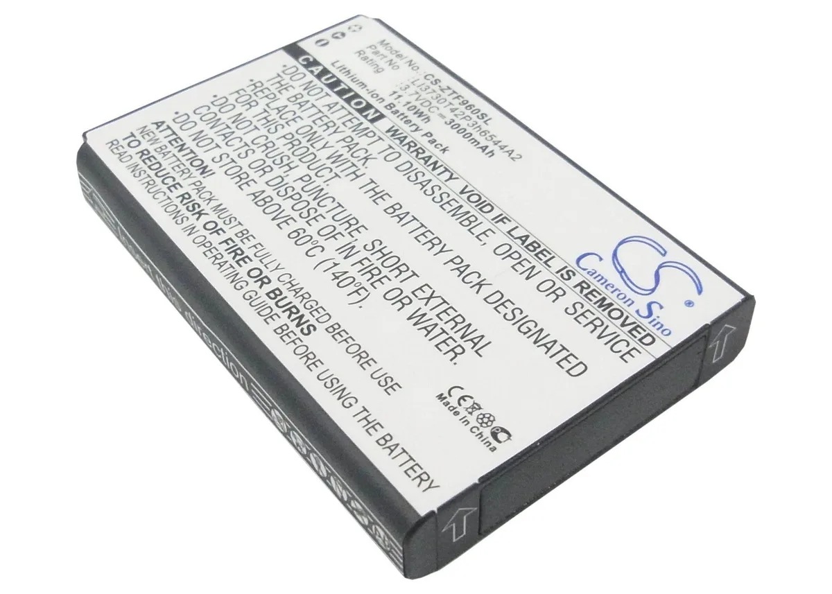 Rectangular lithium-ion battery pack, dark grey plastic casing, gold contacts visible, 65 by 44 by 10 millimetres