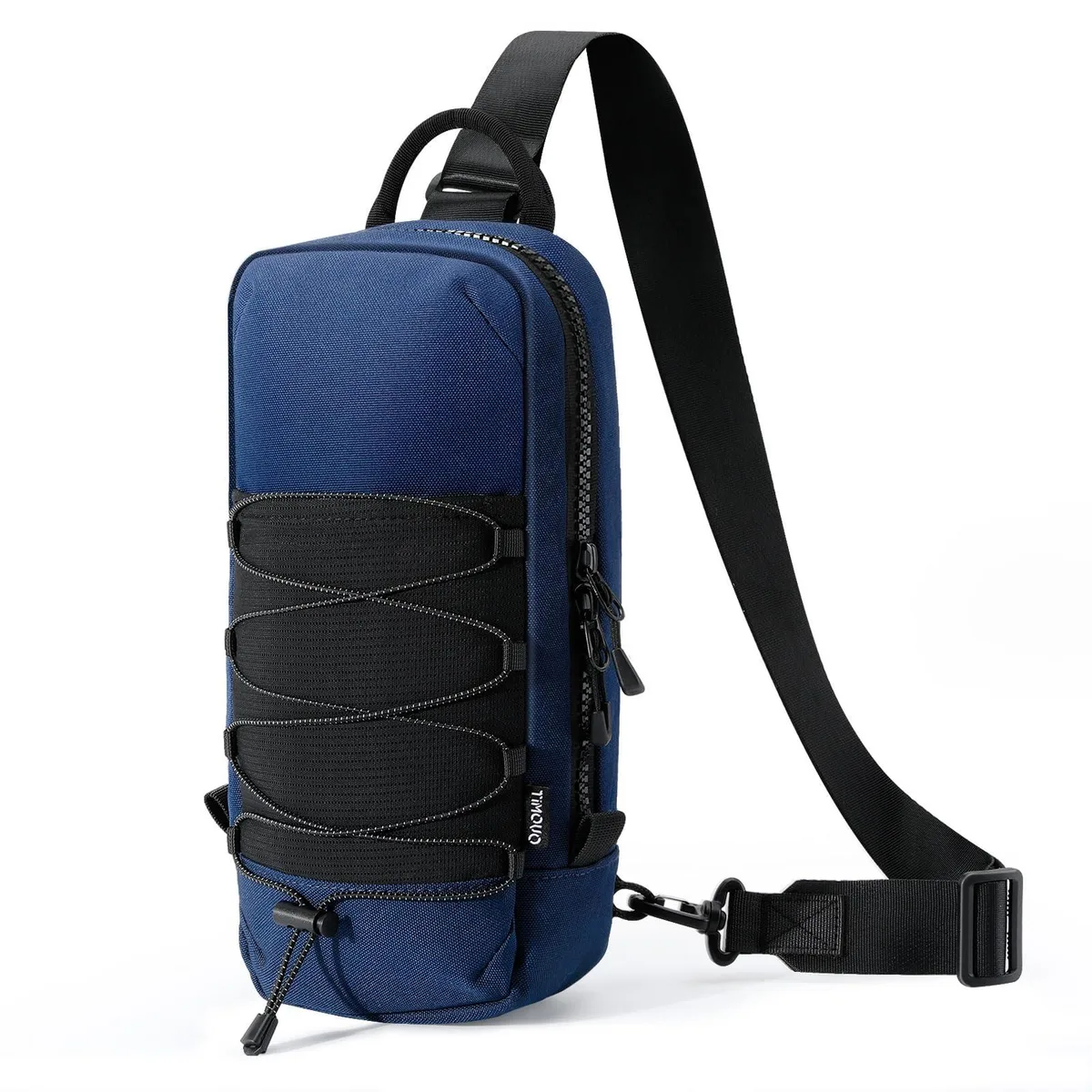 Indigo polyester sling bag, zipper closure, adjustable crossbody strap