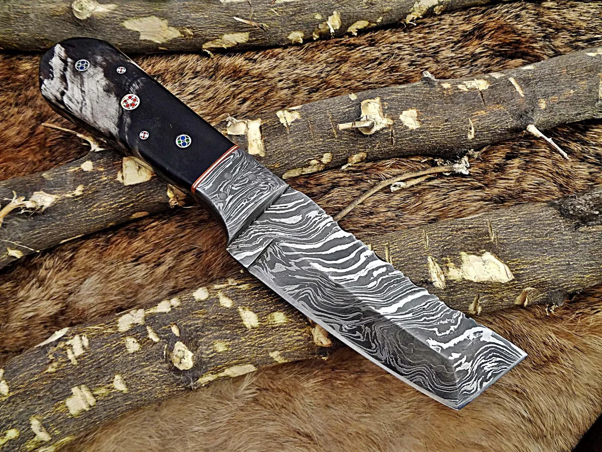 Damascus Depot Damascus Depot 8" Tanto Full Tang Hunting Knife Bull Horn Scale 200 Layer 56-58 HRC — product photo