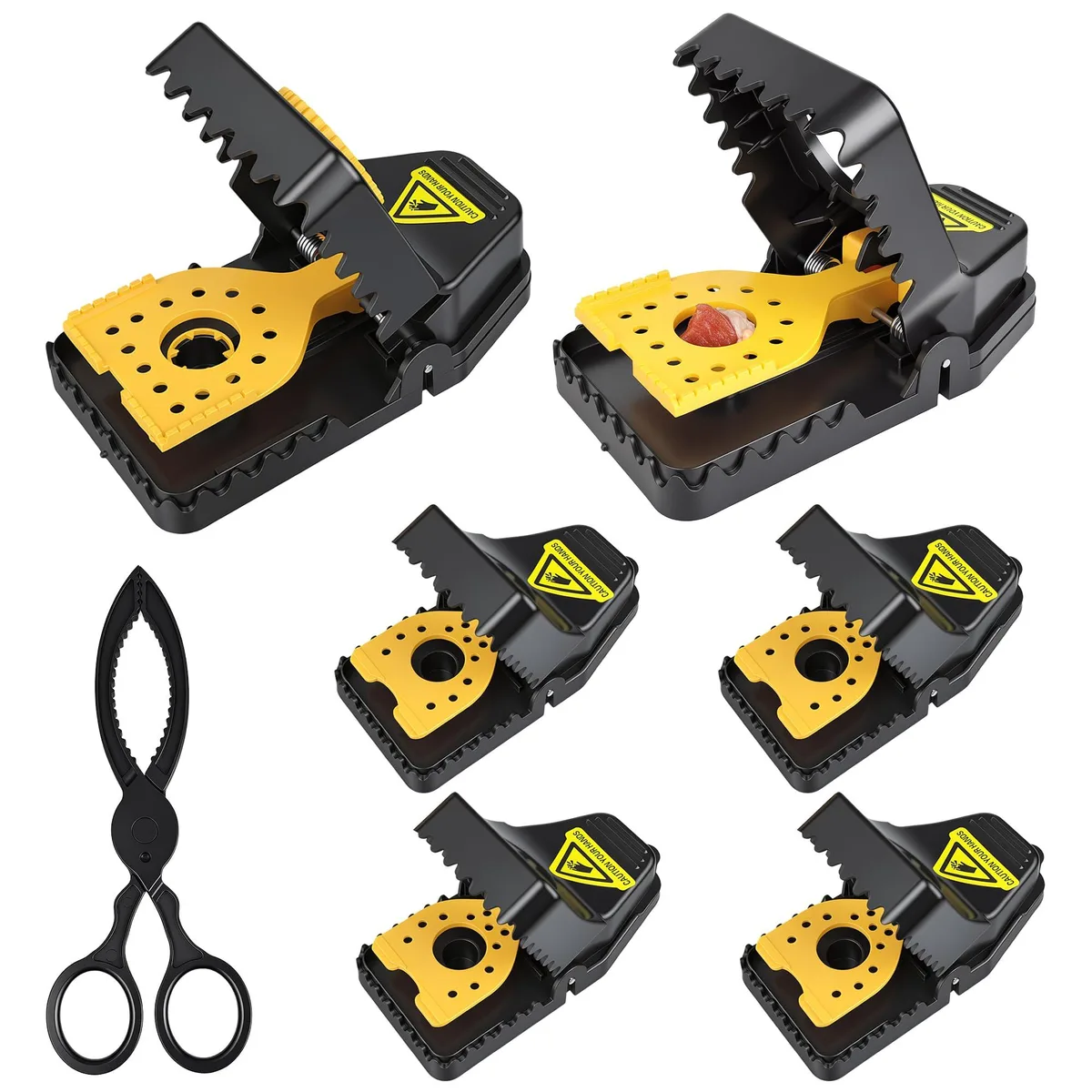 Six white plastic snap mouse traps with yellow triggers on a light surface