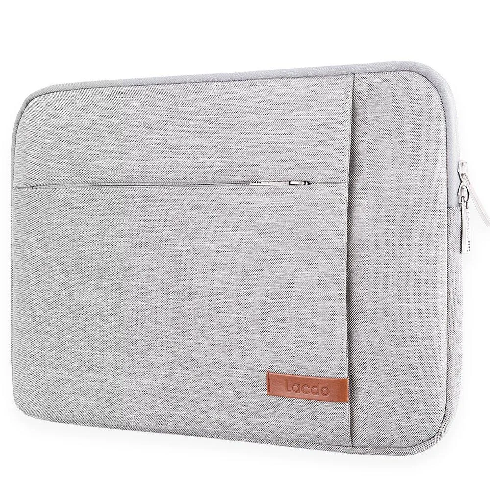 Gray canvas laptop sleeve with slim rectangular shape and soft fabric finish