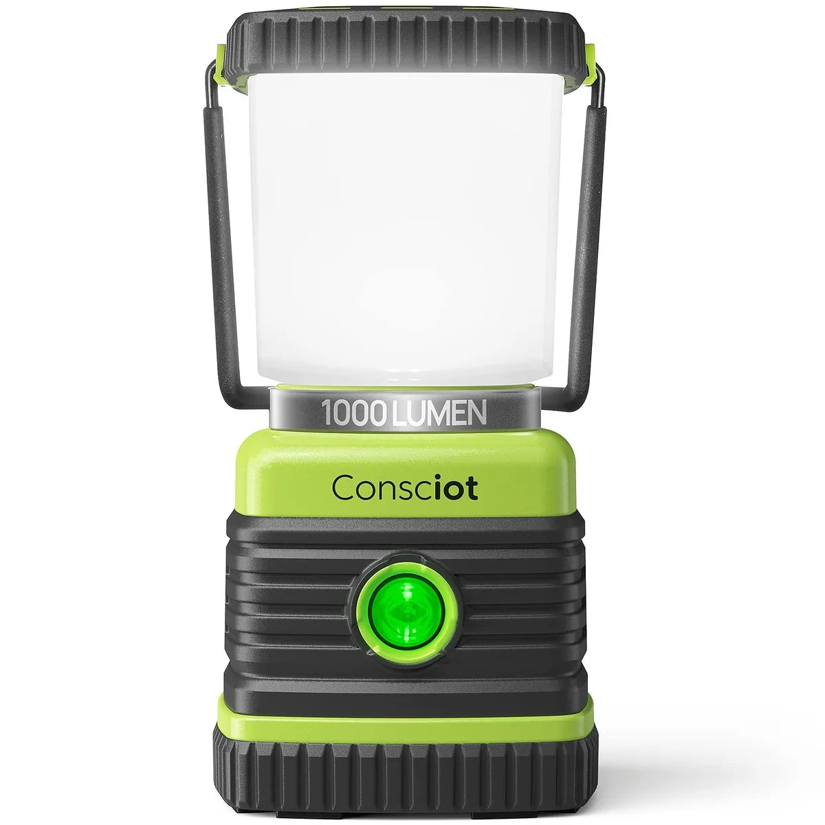 Green cylindrical LED lantern with translucent diffuser cap and top carry handle