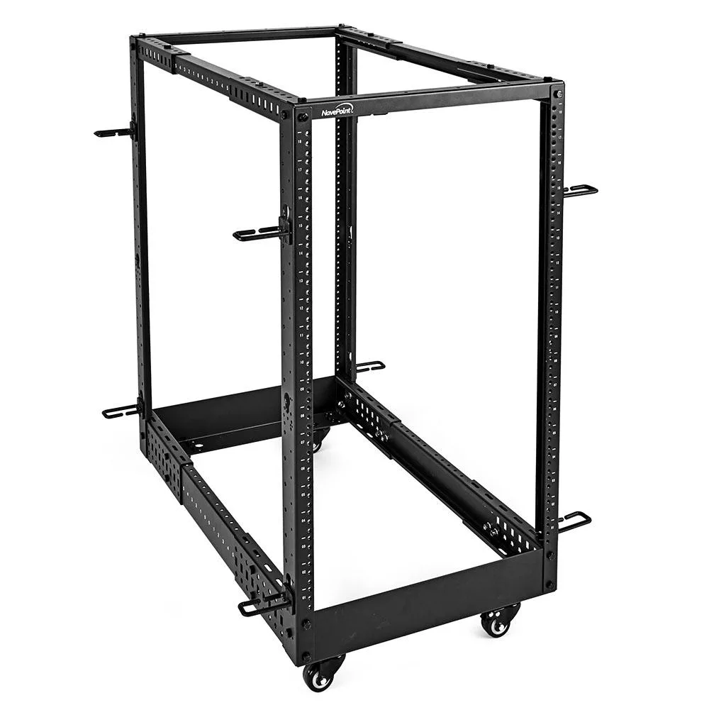 Black 18U four-post open frame server rack with adjustable depth rails and casters