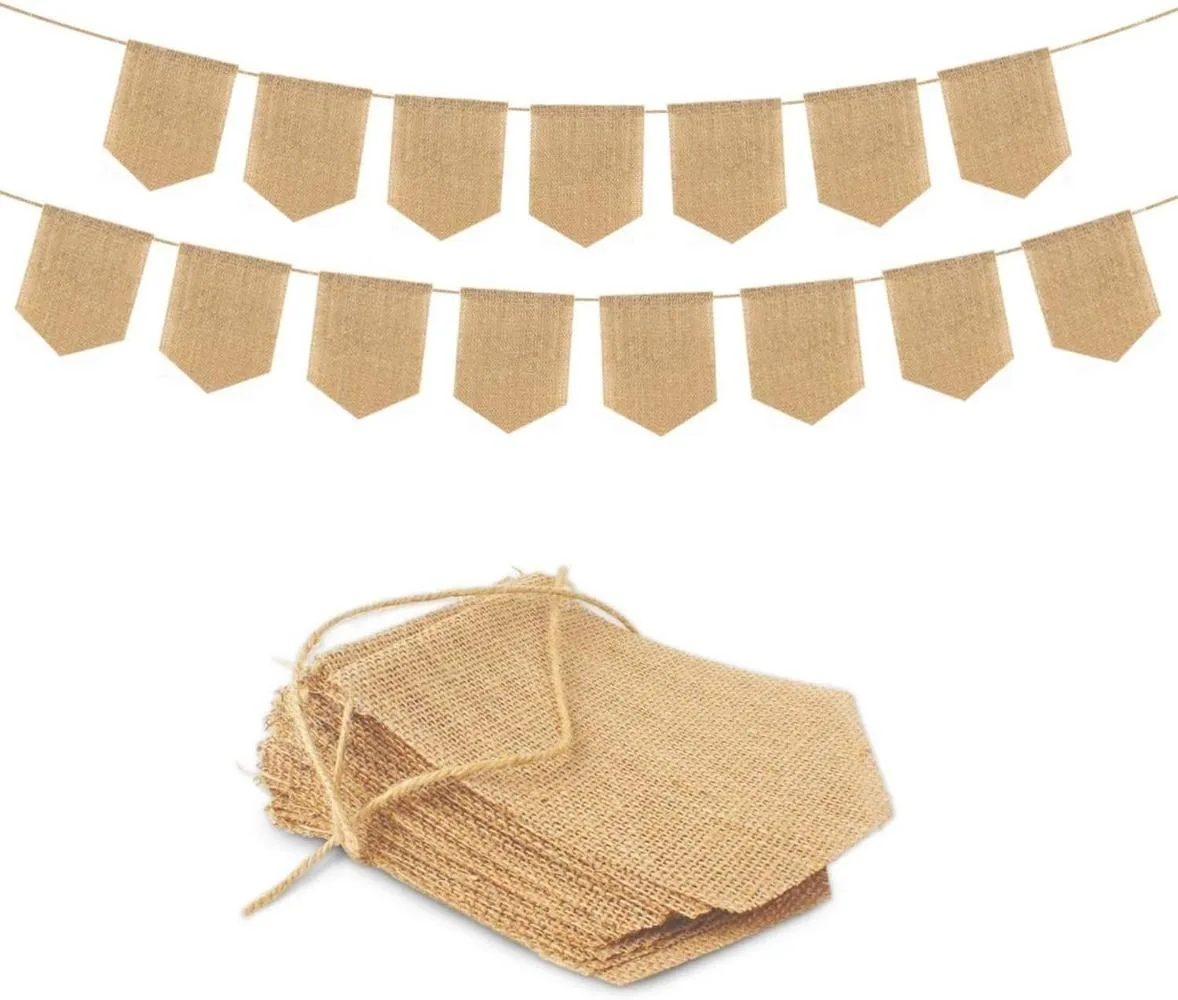 Fifteen hand-painted burlap pennants on a rope, each 5.1 by 6.5 inches, natural tan fabric with colourful letters