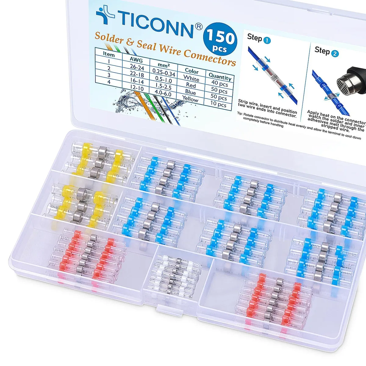 Ticonn 150 PCS Solder Seal Wire Connectors Heat Shrink Butt Connectors Waterproof Insulated AWG 26-10 — product photo