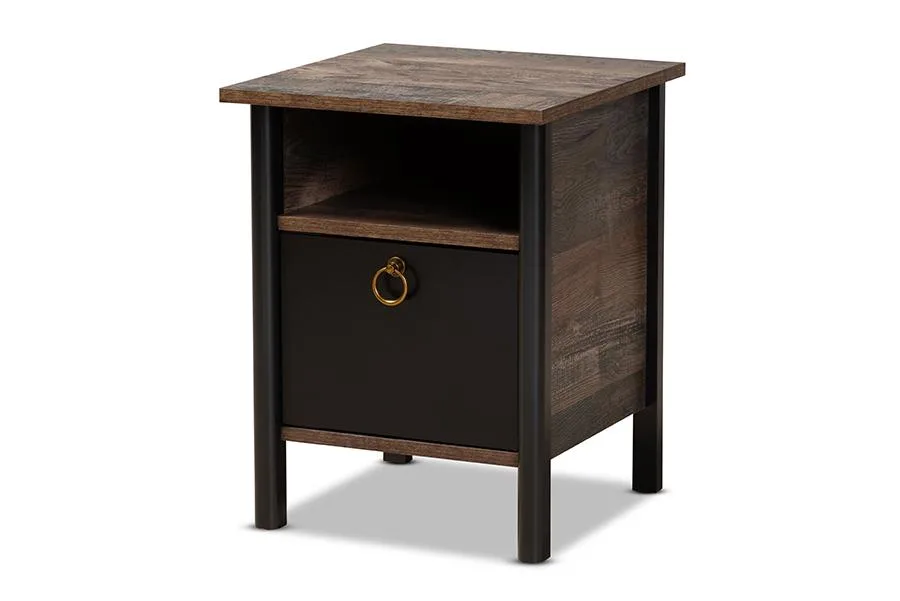 Baxton Studio Vaughan nightstand two-tone rustic brown black finish engineered wood gold ring pull